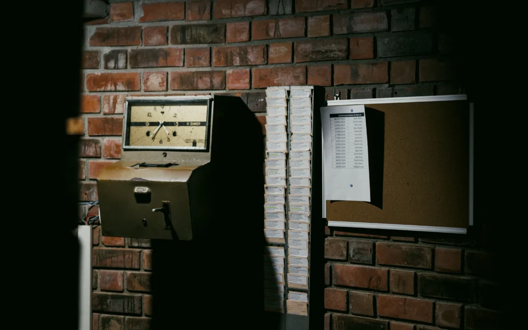 Vintage employee time clock and punch cards on a brick wall, representing unpaid overtime and wage theft in California